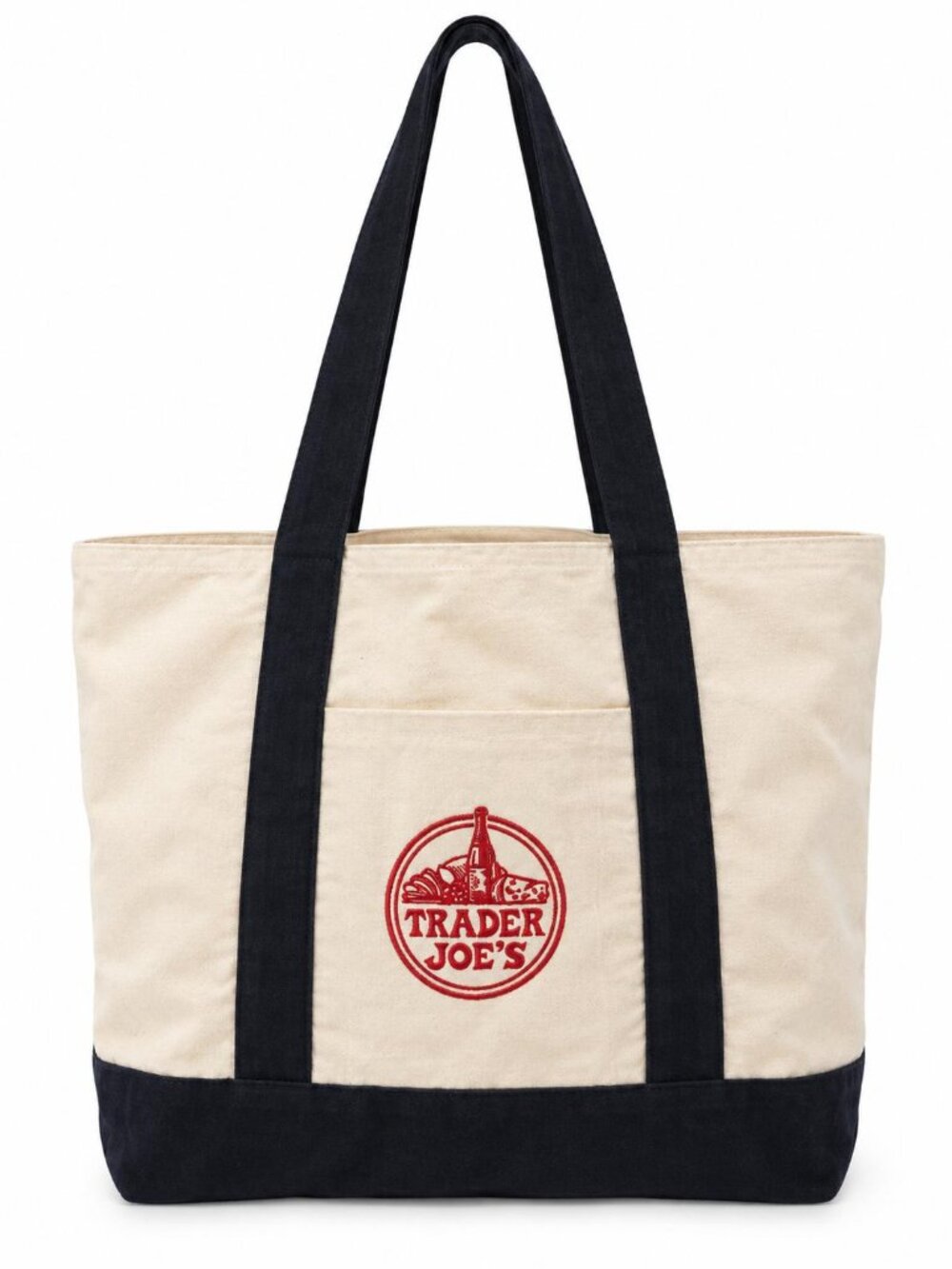 Trader Joes Heavy Duty Large Reusable Cotton Canvas Tote Bag Cream with Navy